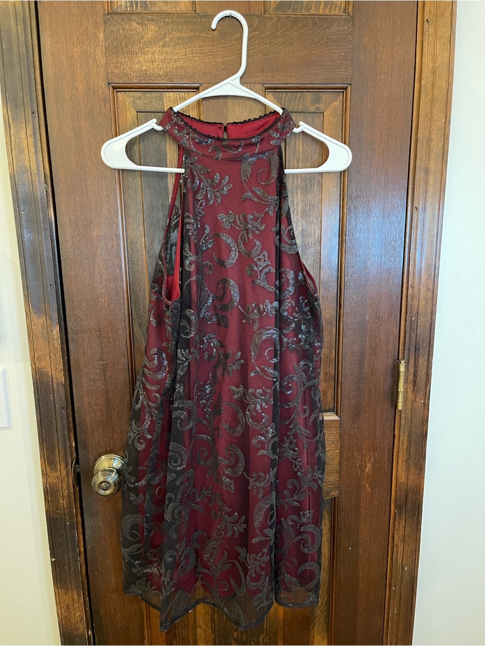 Altar’d State Burgundy Metallic Swirl Mesh Overlay Mini Dress Size L